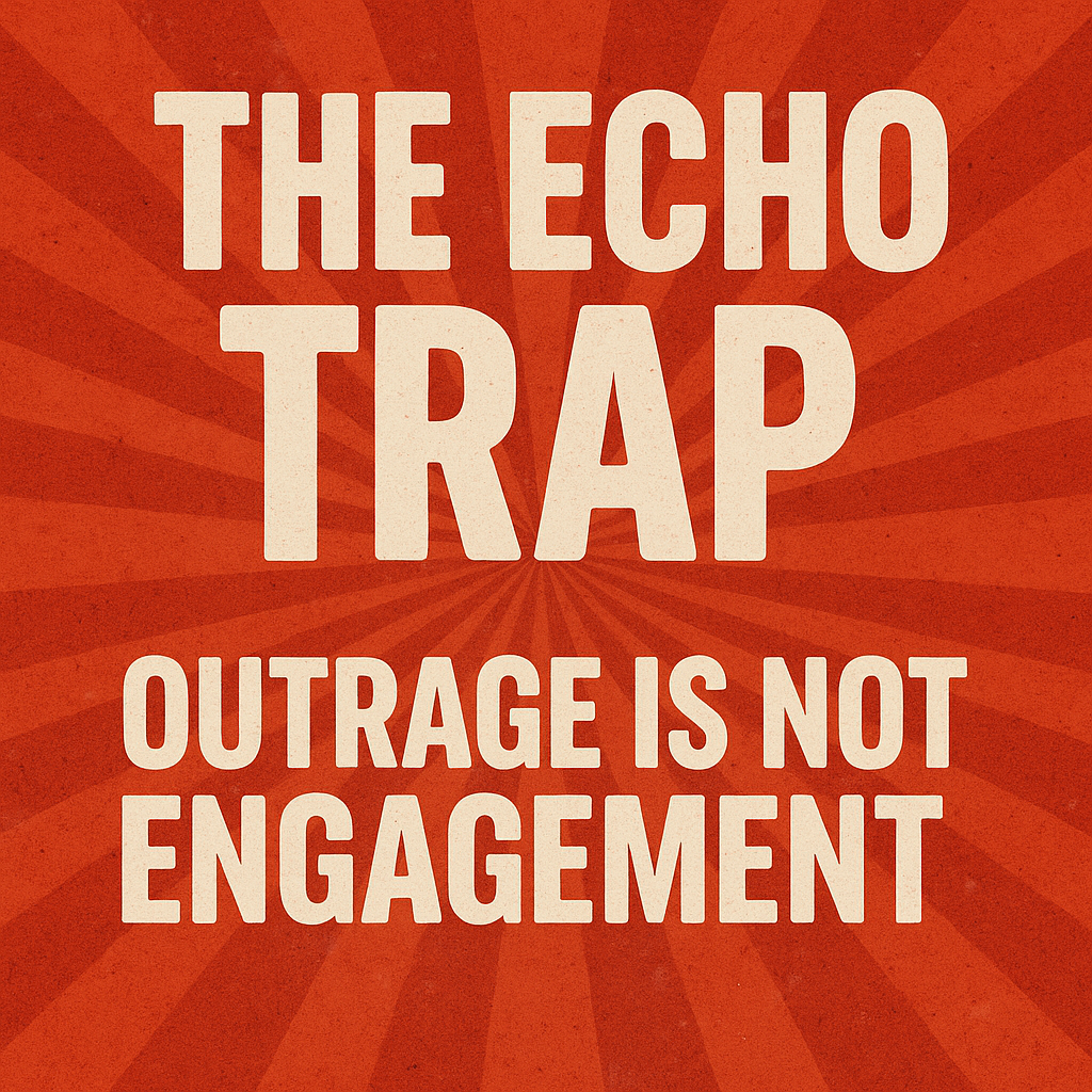 Red radiating background with cream text: The Echo Trap Outrage Is Not Engagement