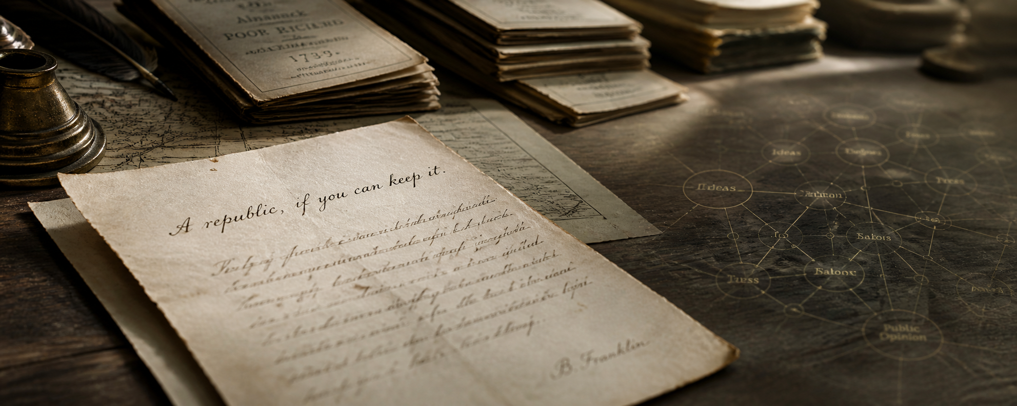 A handwritten historical document with a quote on a wooden desk surrounded by old maps, stacks of papers, and a plan of interconnected ideas.