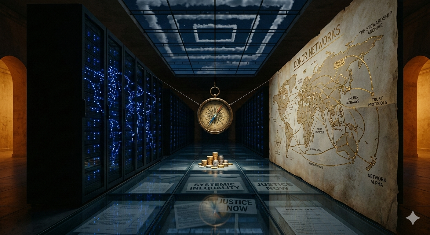 A corridor of server racks and a network map converge around a suspended compass and stacked coins, symbolizing hidden systems shaping visible outcomes