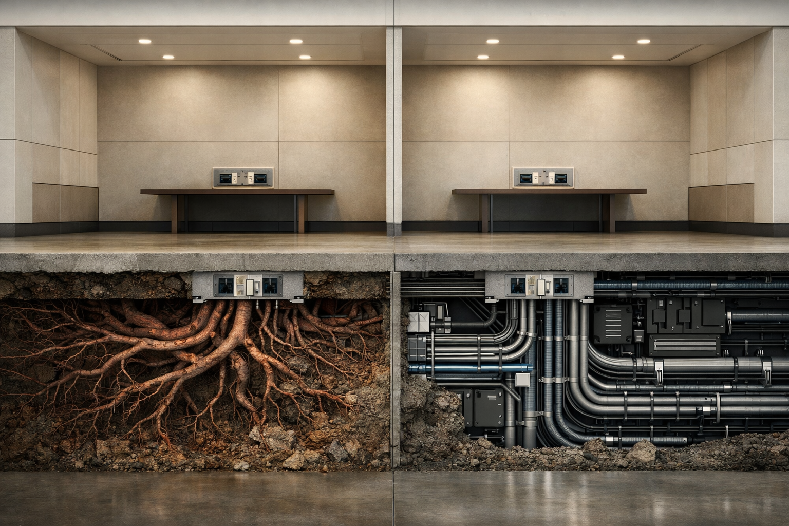 A high-resolution architectural cross-section of a neutral institutional interior space. Beneath the visible floor and behind the walls, two parallel structural systems are revealed