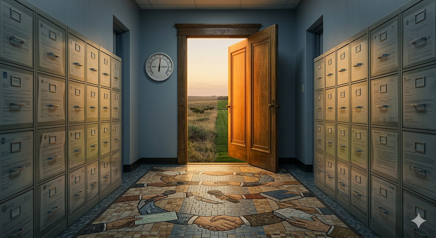 A records-lined corridor opens to a bright landscape, with a mosaic floor of interlocking hands suggesting structured agreements leading to a controlled exit.