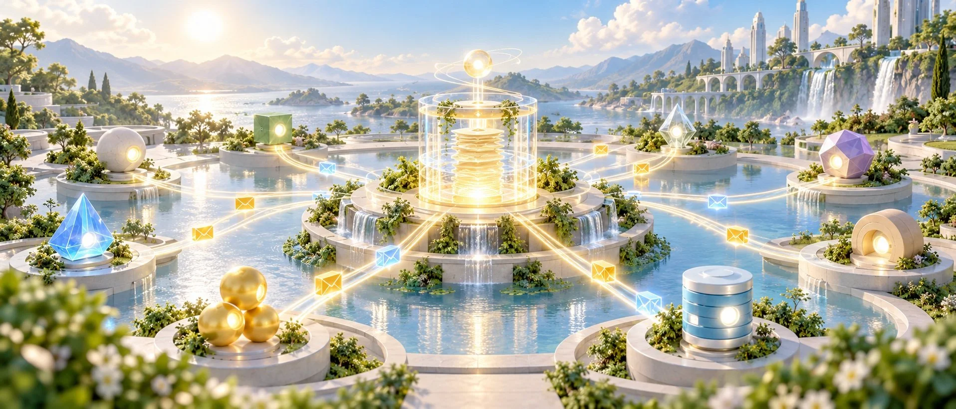 Futuristic digital landscape with water features, glowing geometric shapes, and lush greenery against mountainous backdrop with waterfalls and city skyline.