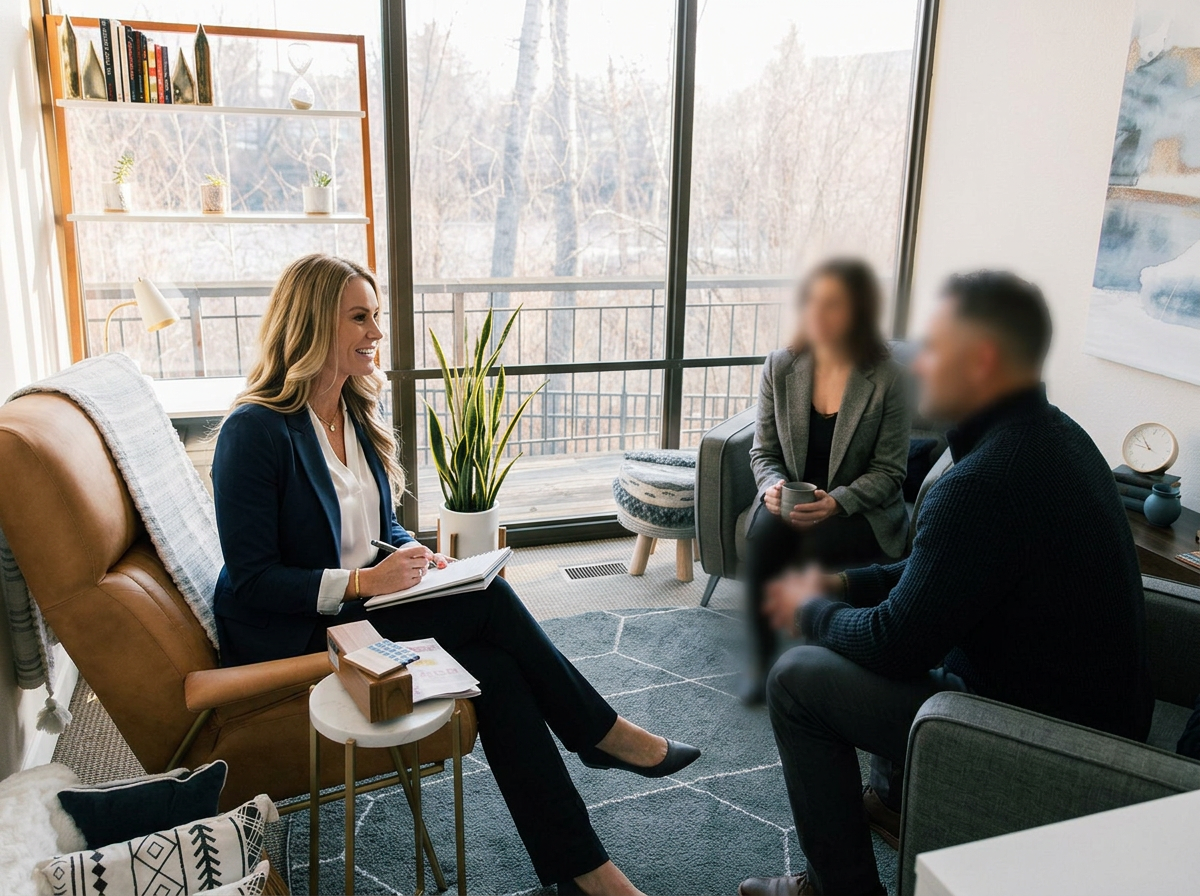 A woman counseling clients in a cozy living room with large windows, bookshelves, and indoor plants.