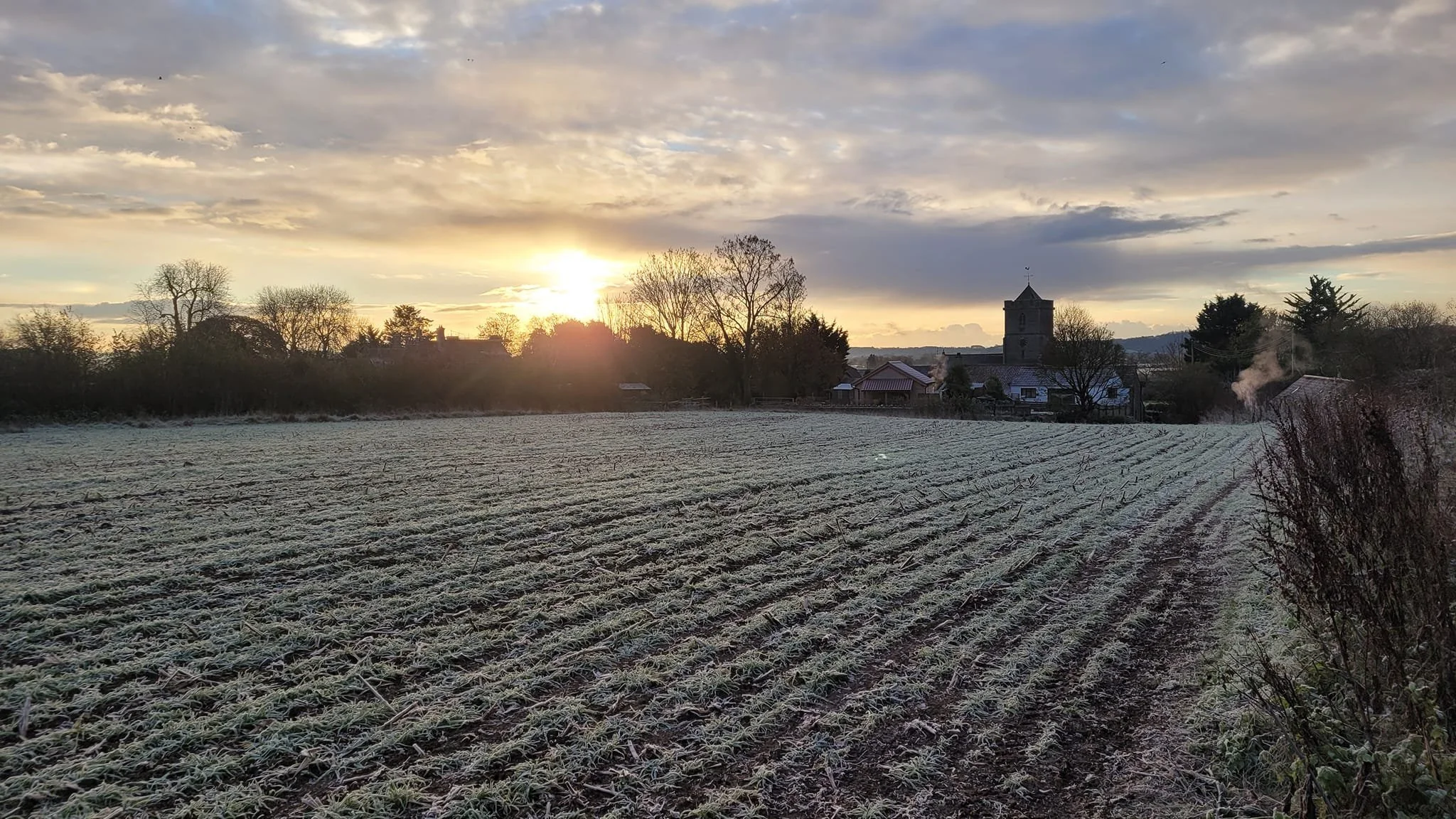 A frosty field at sunrise with a dirt path on the right, bare trees in the distance, and smoke rising from a chimney among houses and a church tower.