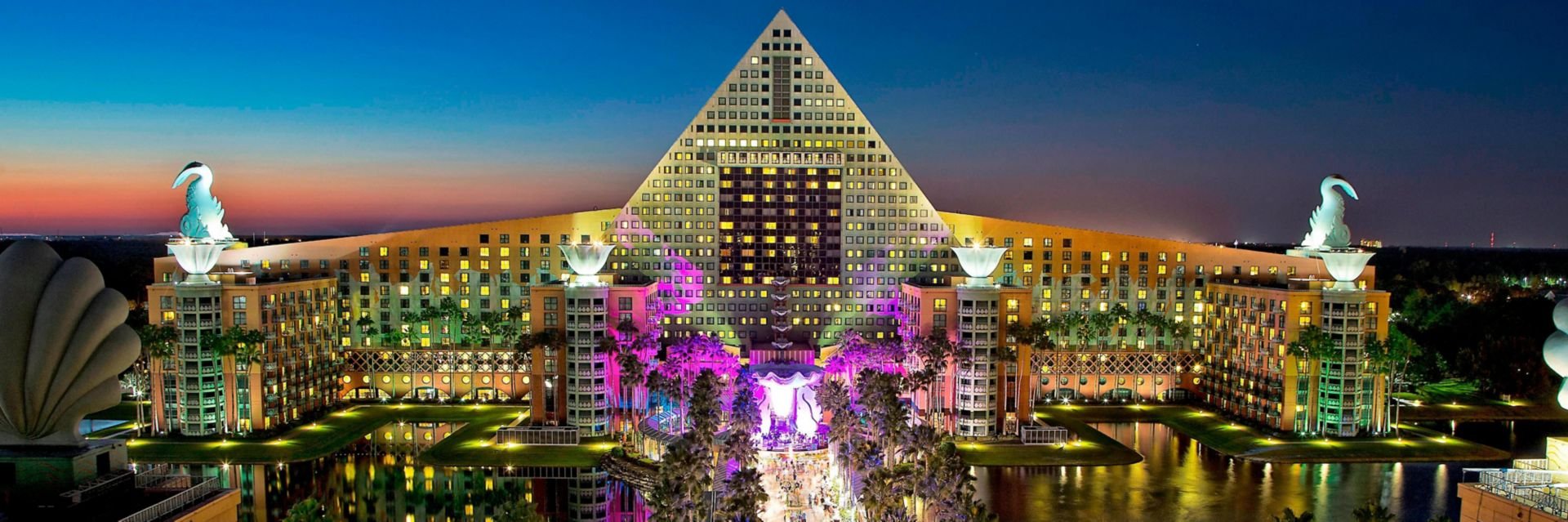 Disney World's Dolphin hotel exterior at night