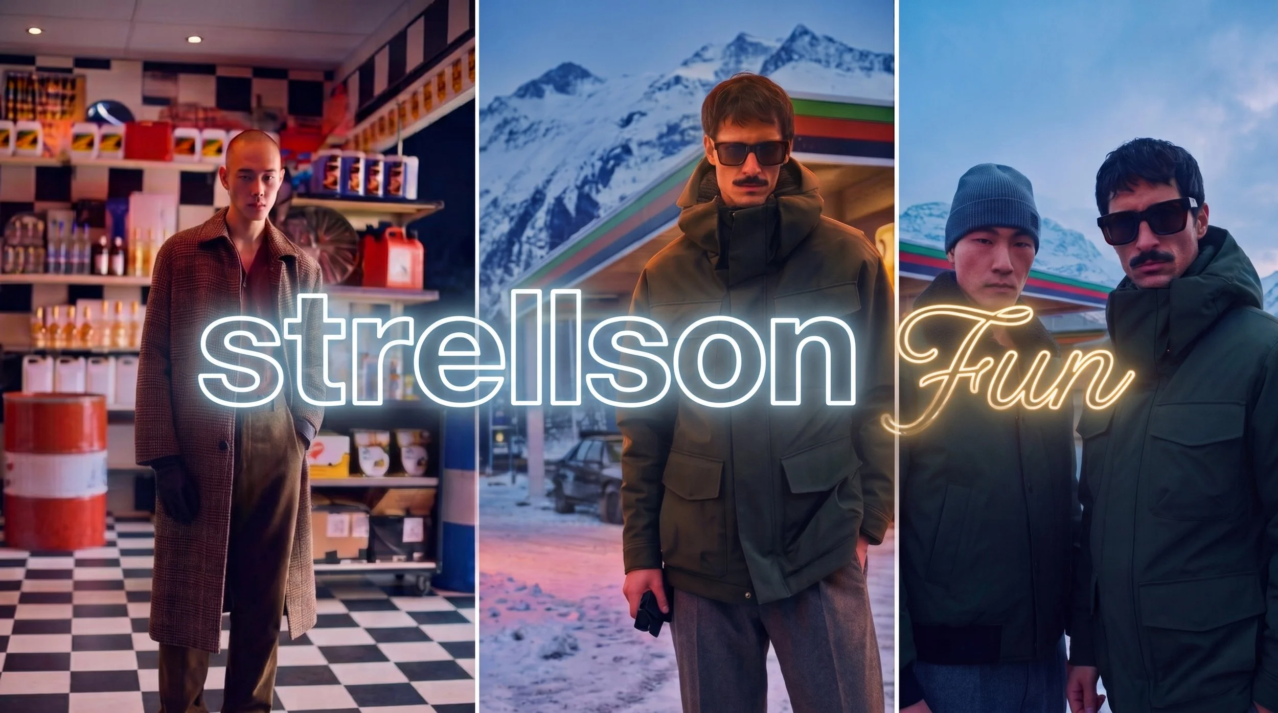 Drei Männer in unterschiedlichen Umgebungen, mit der Beschriftung 'Strelson Fun'.