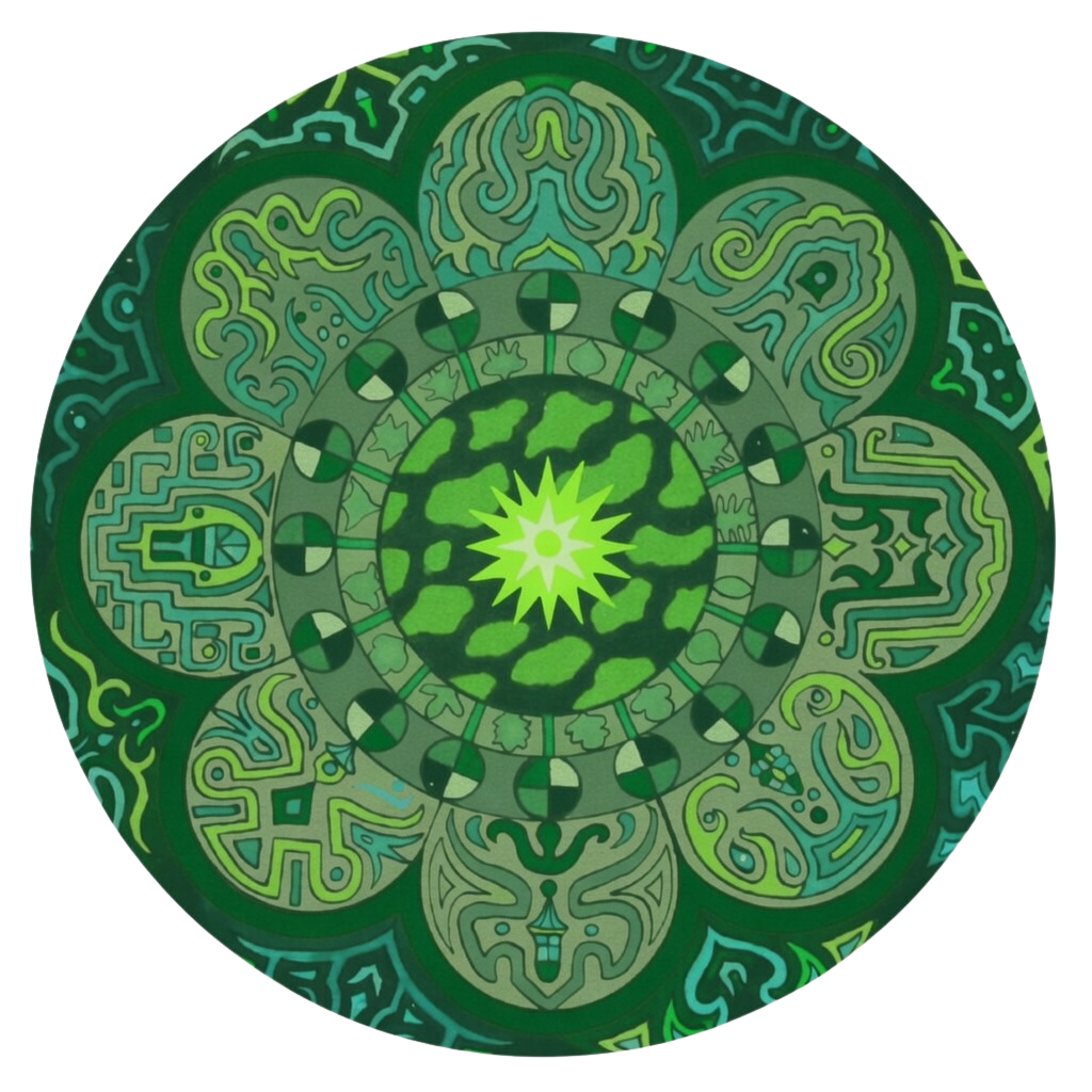 Un motif circulaire complexe avec des formes géométriques et des motifs symétriques en différentes nuances de vert.
