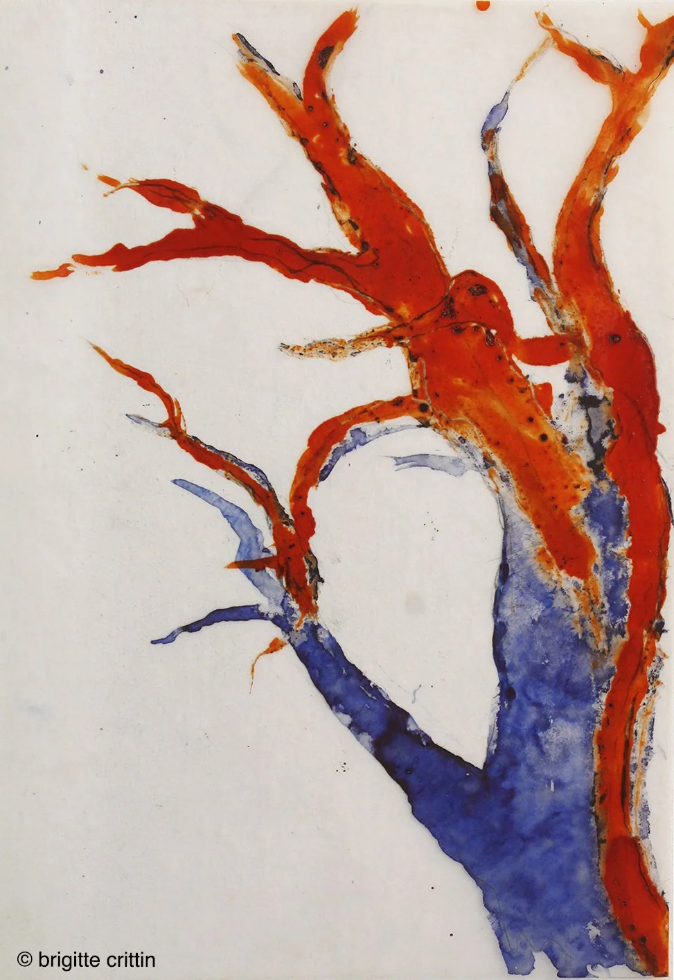 Abstract watercolor painting of a red and blue botanical figure on a white background.