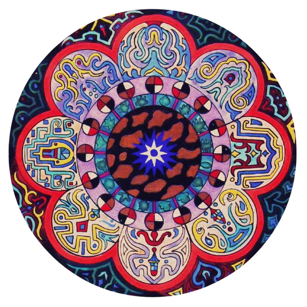 Colorful mandala with intricate patterns, a central star, and various abstract designs and symbols arranged in concentric circles.