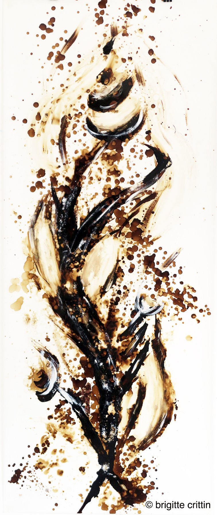 Abstract painting of a flower with dark brown and black brushstrokes on a white background, featuring splatters of brown paint.