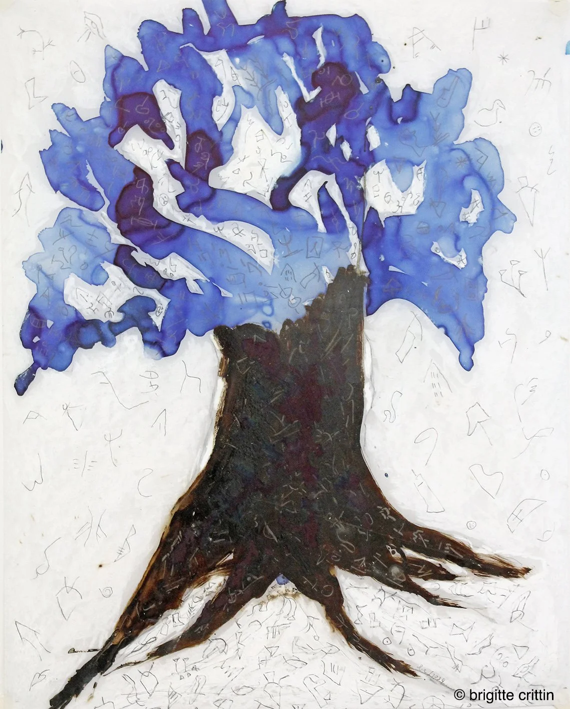 Drawing of a tree with a black trunk and blue leaves, surrounded by small faint symbols and shapes.
