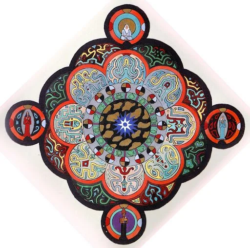 Colorful mandala with intricate patterns, featuring four small figures at the top, bottom, left, and right, and a central star-shaped design.