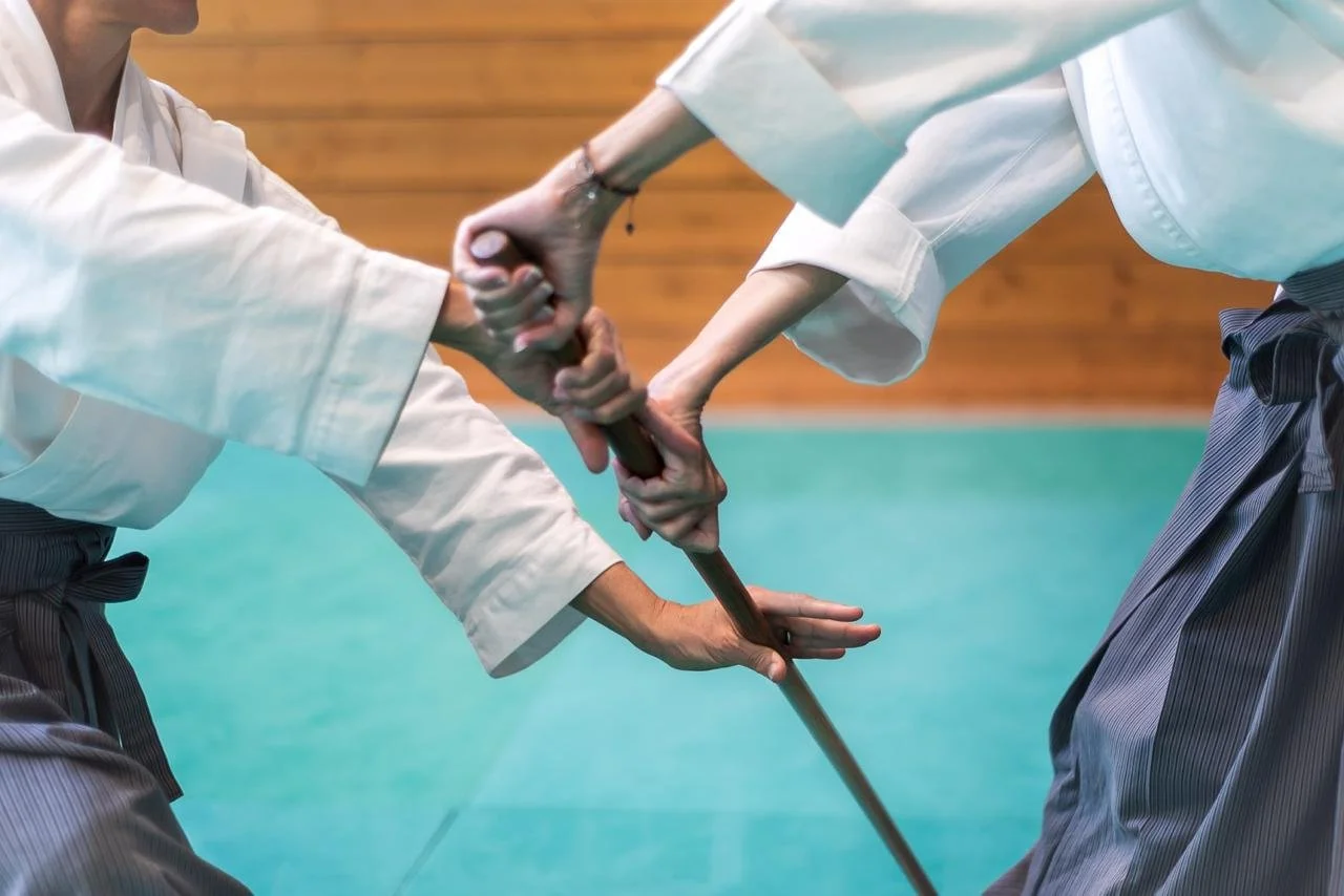 Two martial artists practicing with a wooden sword during a training session.