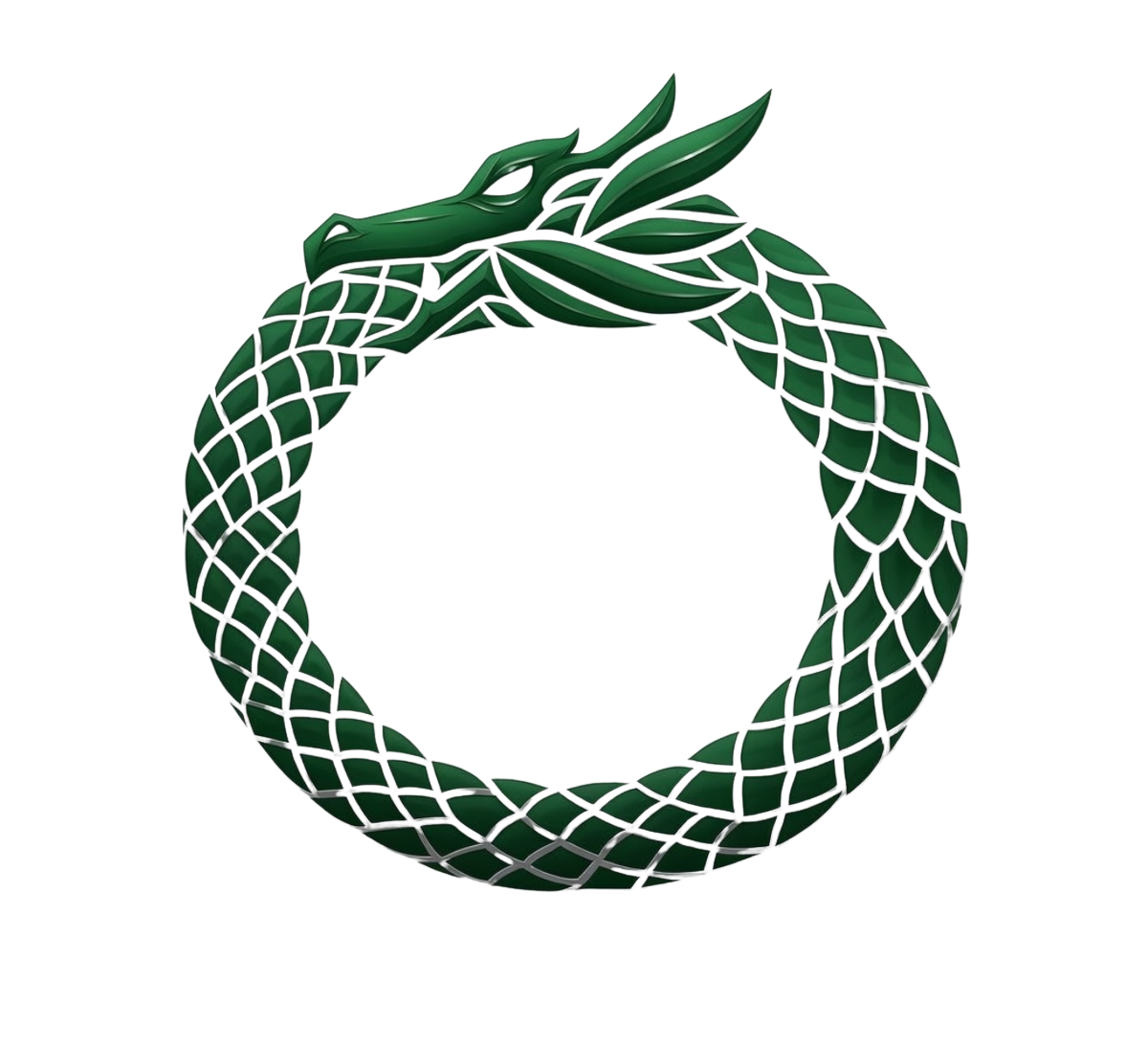 A metallic emblem of a snake coiled around a globe, with the snake's head resting on top of the globe.