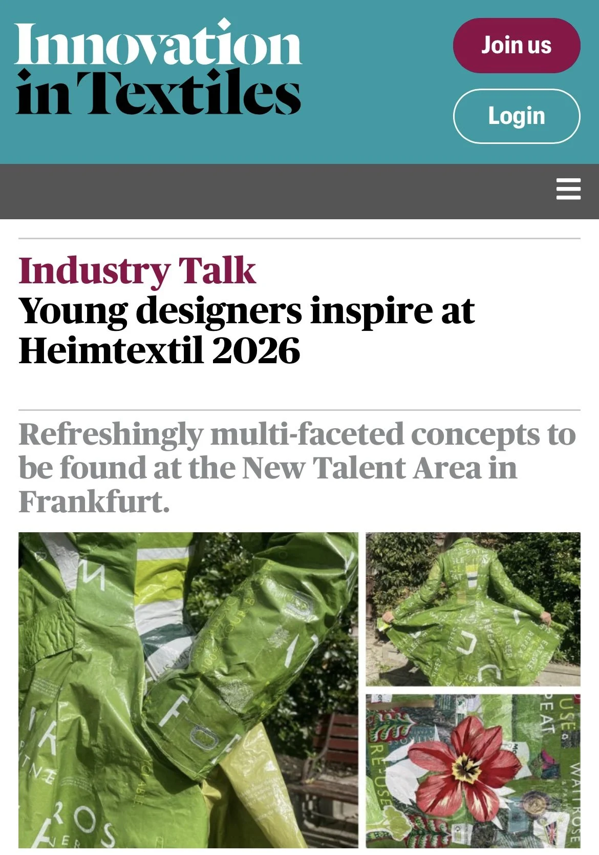 Screenshot of a webpage titled 'Innovation in Textiles' with a section called 'Industry Talk' discussing young designers at Heimtextil 2026. The page features images of green textile packaging and a person in a green dress made from textile packaging, outdoors in a garden.