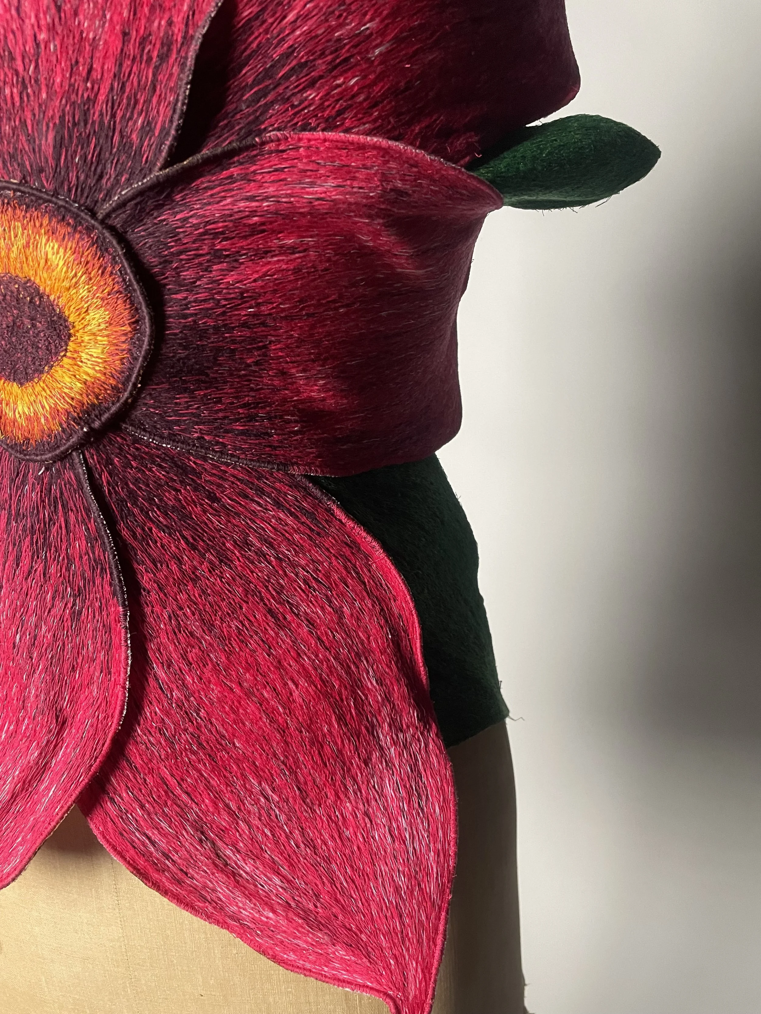 Close-up of a decorative flower with vibrant red petals, a yellow and orange center, and green leaves, positioned against a plain background.