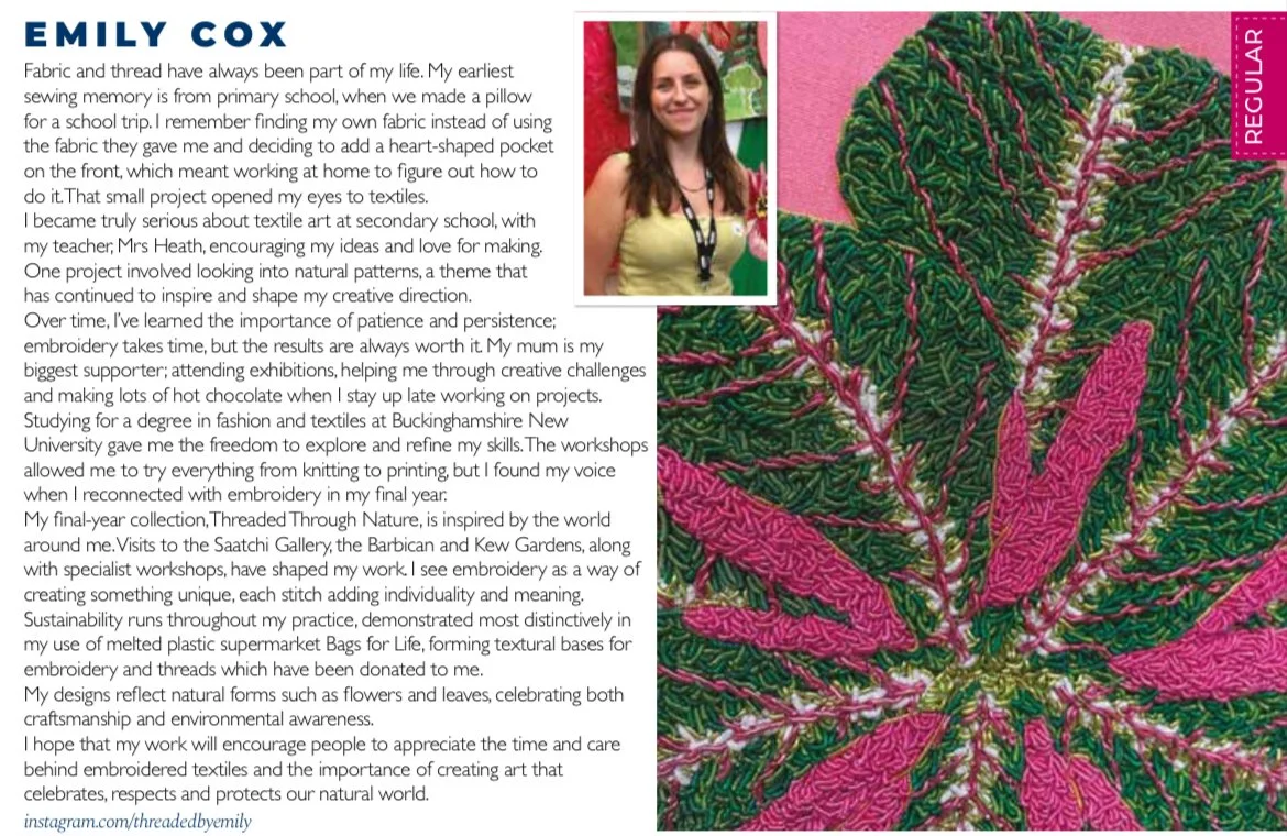 A page from a textile art presentation featuring Emily Cox. The page includes a small portrait photo of Emily, a biography about her passion for textile art, and a close-up photograph of a colorful embroidered fabric resembling a flower with pink and green thread on a pink background. The section labeled 'Regular' is visible in pink on the right side of the embroidery photo.