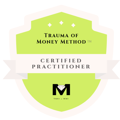Trauma of Money Certified Practitioner badge in lime green and white