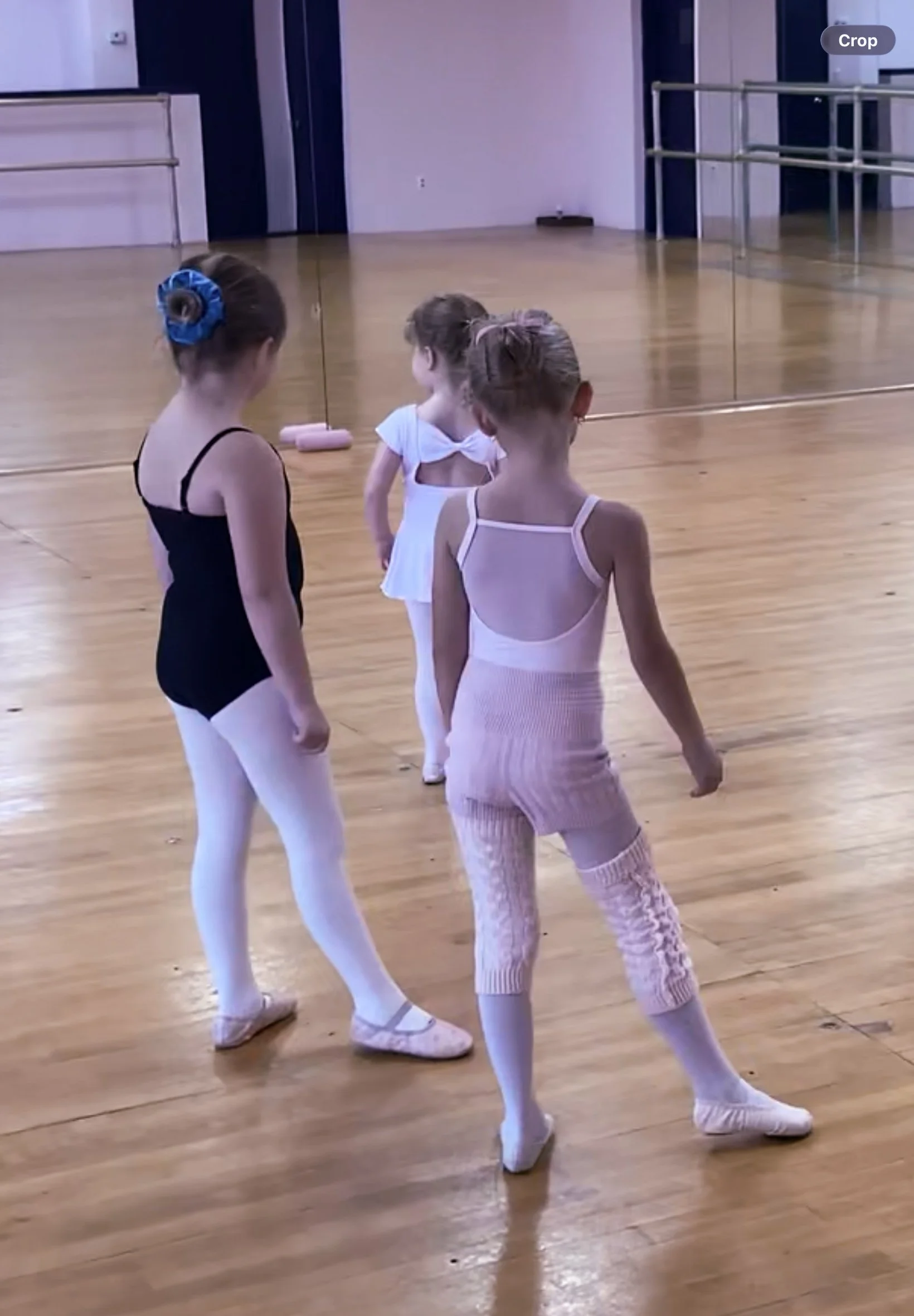 Three young girls dressed in ballet attire standing in a dance studio with wooden floors and mirrors.