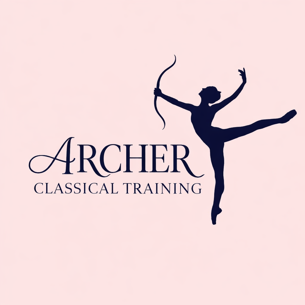 Silhouette of a female archer in a classical dance pose, holding a bow, with the text 'Archer Classical Training' beside her on a light pink background.