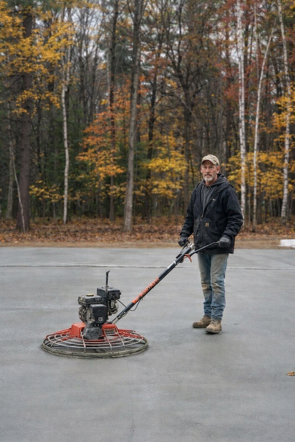 A man operating a power trowel smoothing freshly poured concrete on a driveway, with a background of trees with autumn leaves.