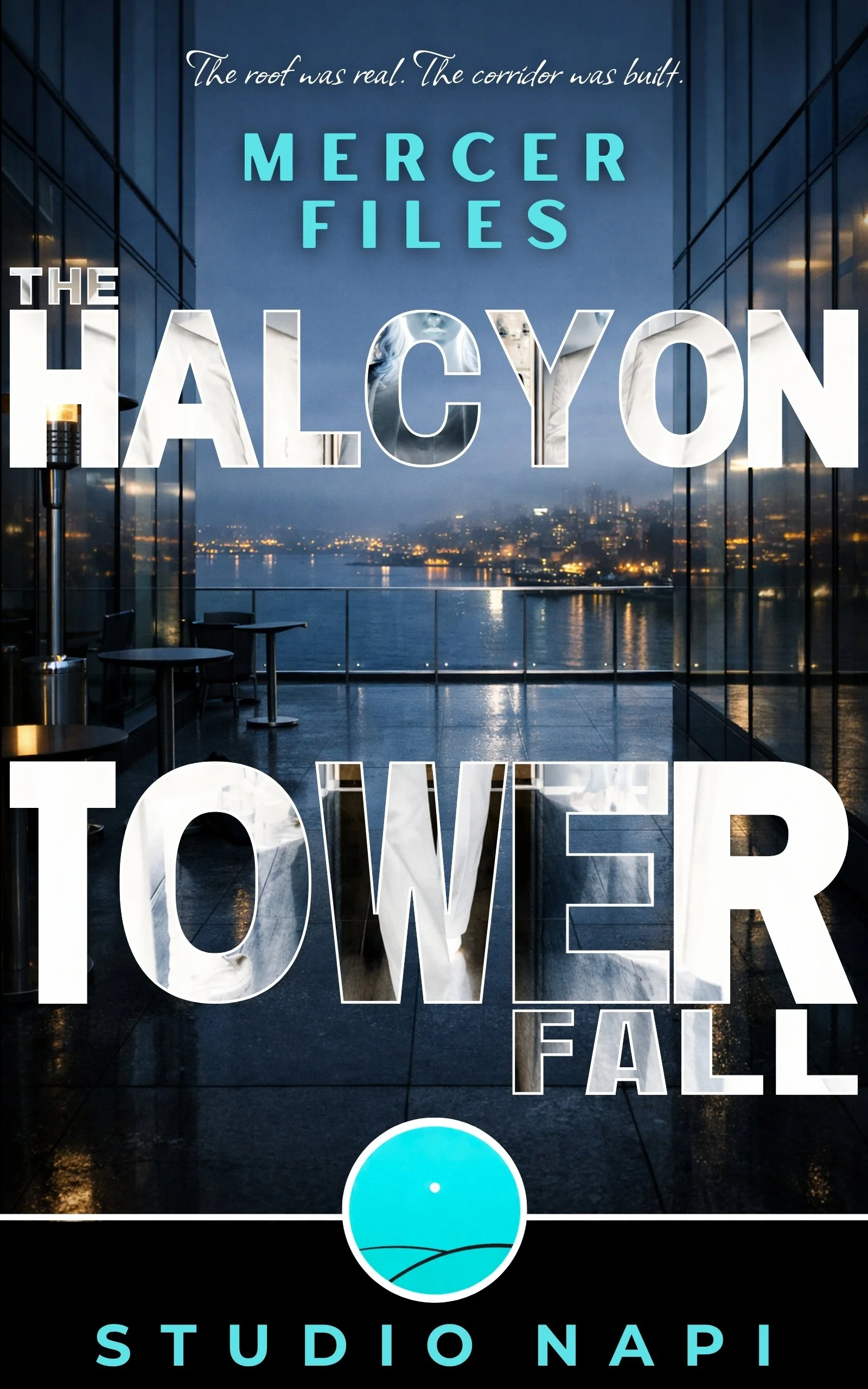 Book cover for "The Halcyon Tower" by Studio Napi (Mercer Files Series), featuring a view from a balcony overlooking a city and water at dusk with glass walls and outdoor furniture.