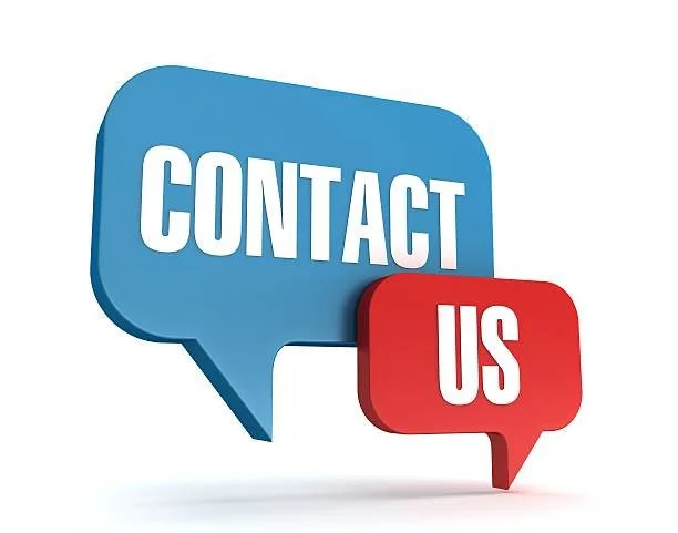 Blue speech bubble with the words 'CONTACT' and a red speech bubble with the words 'US'