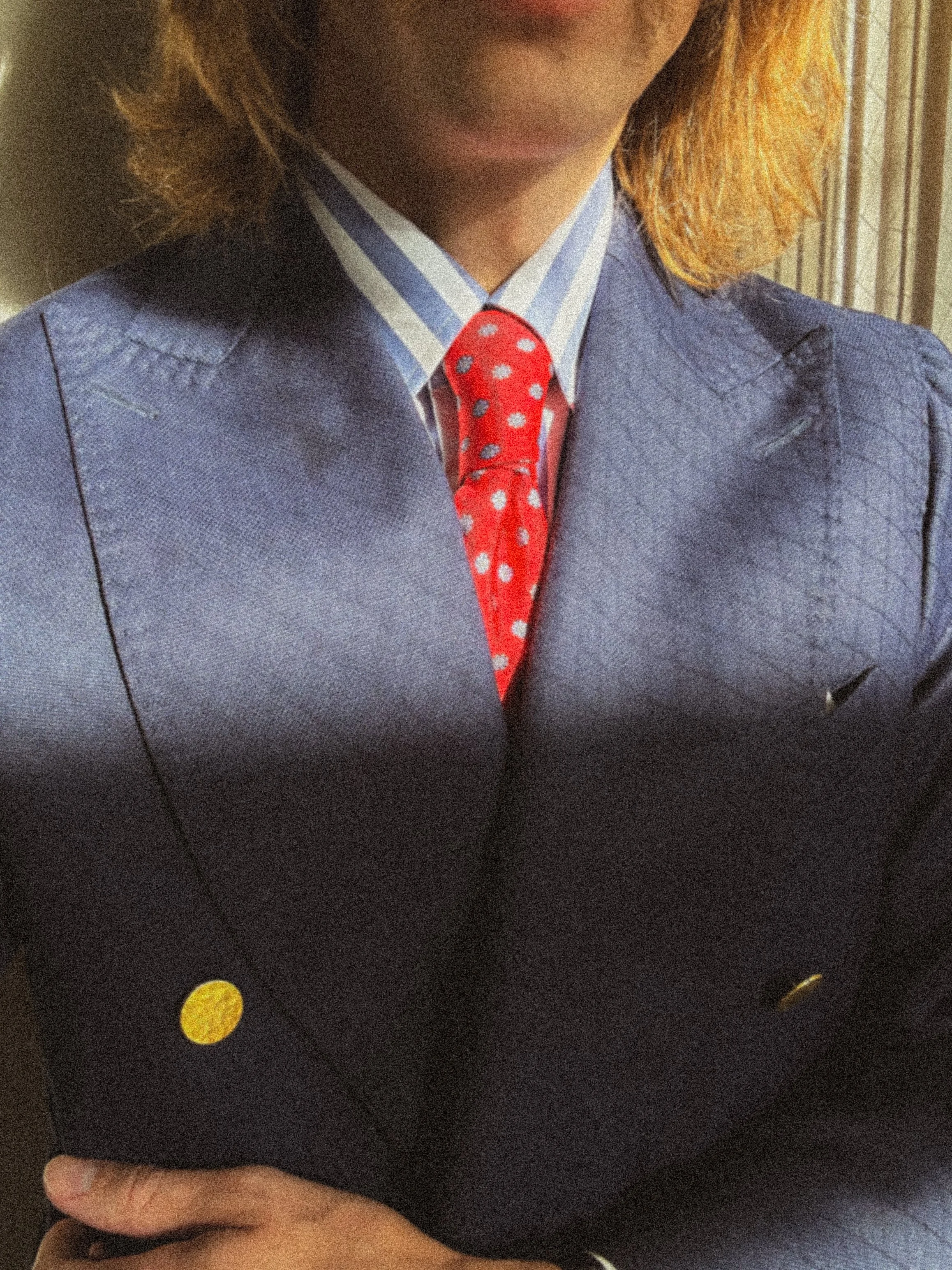 Close-up of a person wearing a blue suit and a striped shirt with a red polka-dot tie. The person's face is partially visible, and they have light-colored hair and light skin. The lower part of their face and hand are also visible.