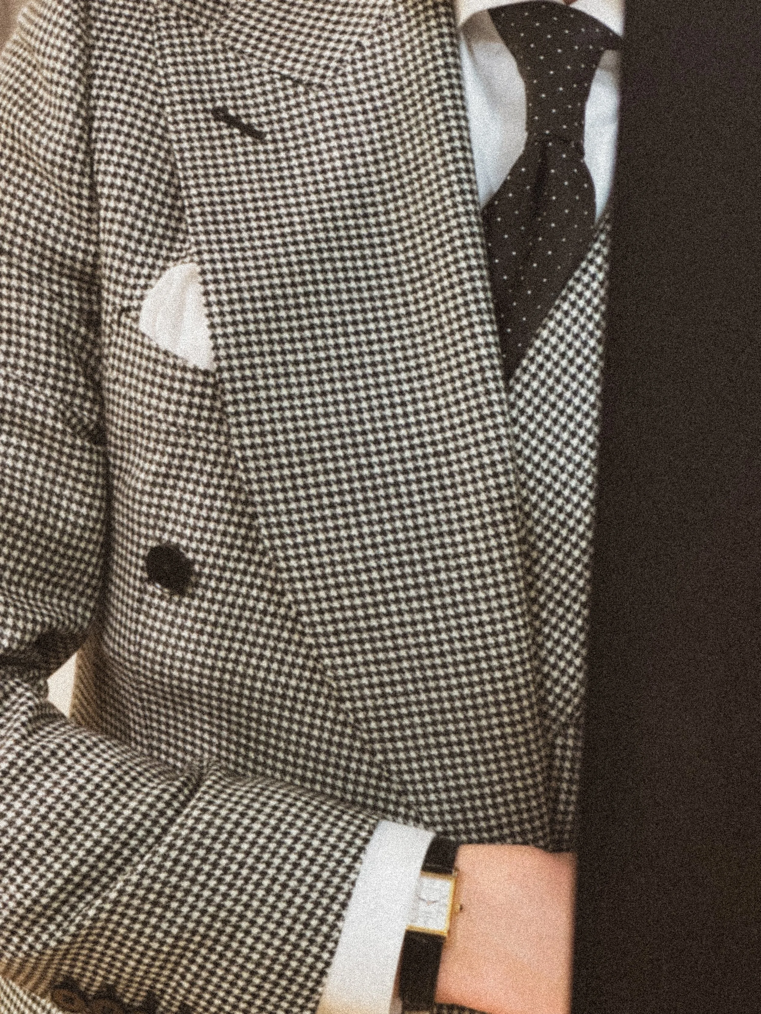 Close-up of a person wearing a houndstooth suit, white shirt, and a polka dot tie, with a pocket square and a wristwatch visible.