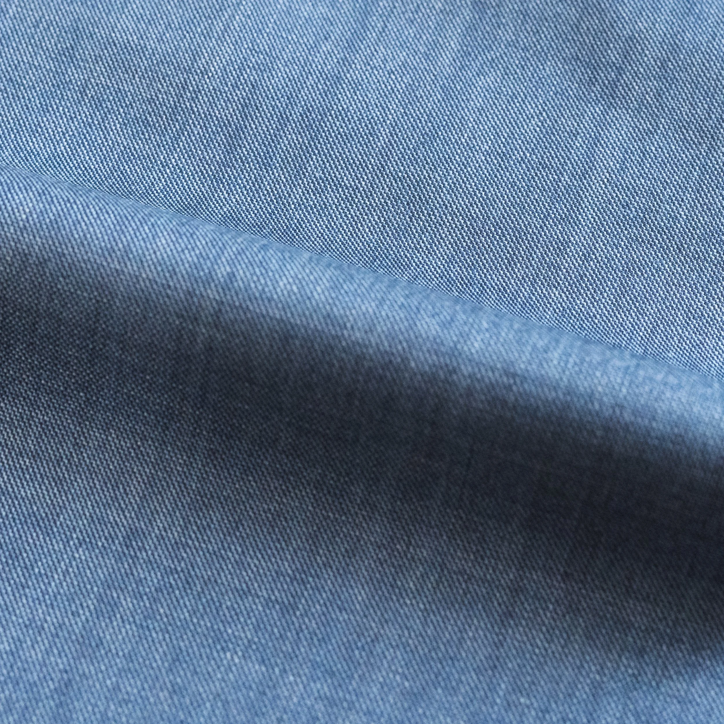 Close-up of blue suit fabric with a textured pattern.