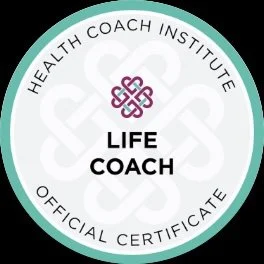 Official certificate of the Health Coach Institute for a Life Coach, featuring a teal and white circular design with a pink interwoven geometric logo and black text.