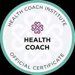 Seal of the Health Coach Institute, featuring a circular design with a teal border, a white center with a pink intertwined knot, and the text 'HEALTH COACH' in bold black letters and 'Health Coach Institute Official Certificate' around the outer edge.