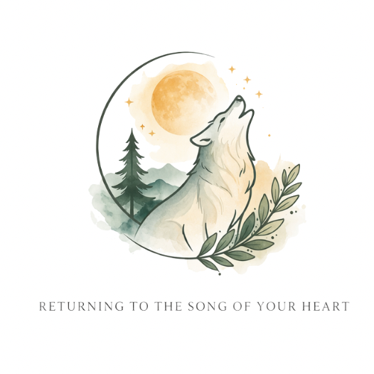 Watercolor illustration of a howling wolf with a full moon, trees, mountains, and leaves in the background, with the text 'Returning to the song of your heart' beneath.