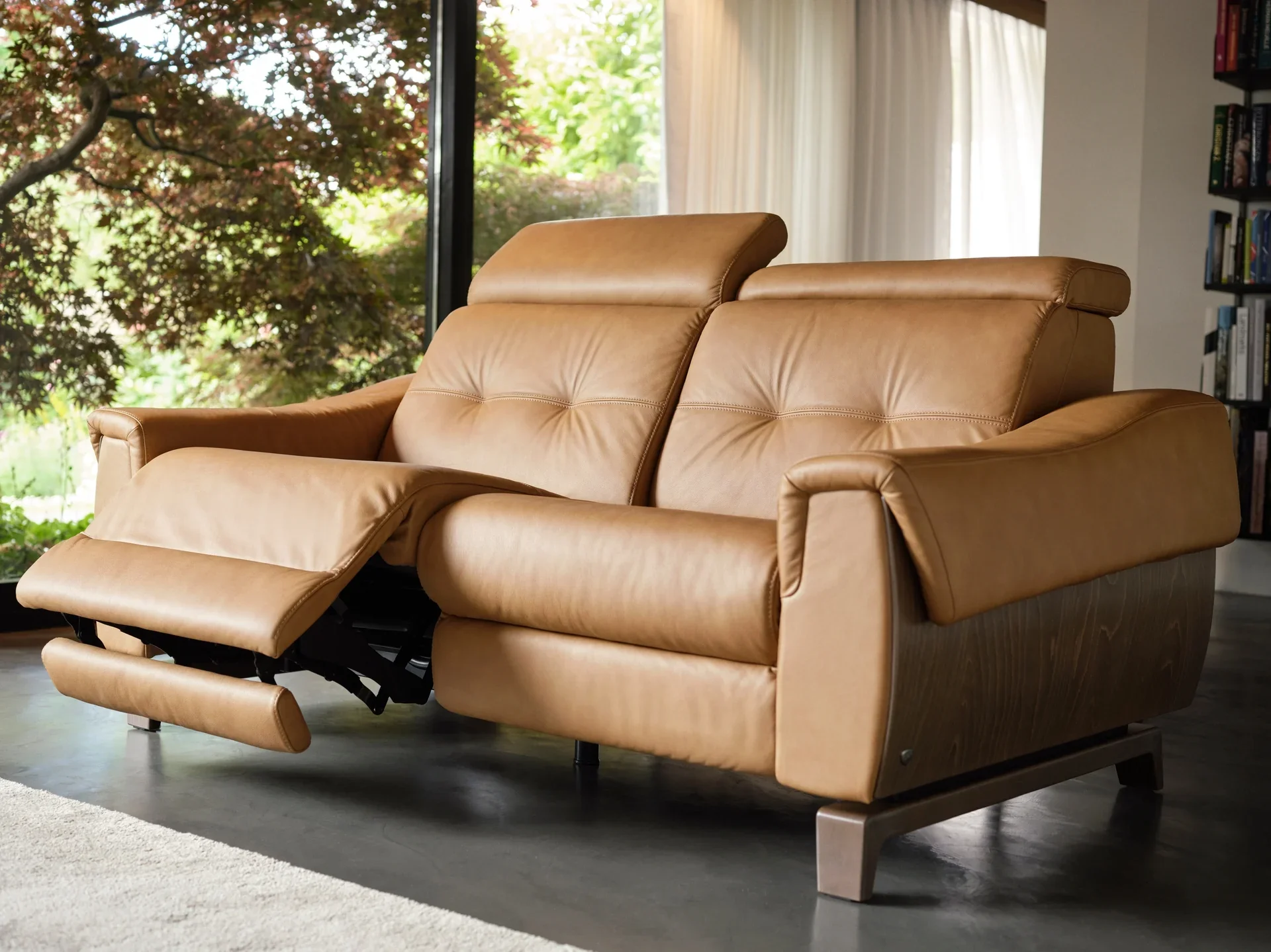 A tan leather power sofa with adjustable foot and head rests and stylized arms sits in a living room, with a large window showing outside greenery and trees.