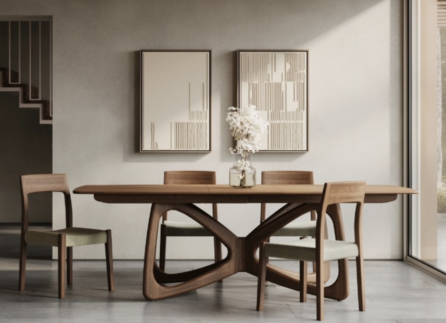 A dining room with a wooden table and four chairs matching chair. The table features a unique butterfly-shaped base of solid wood by Copeland Furniture