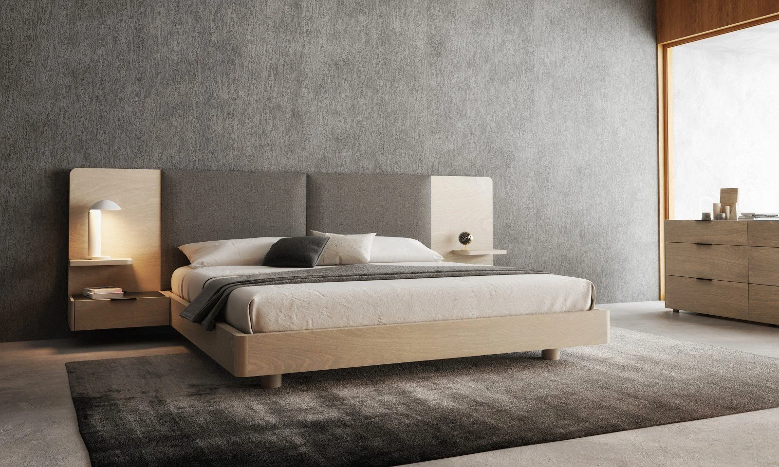 Modern bedroom with a minimalist design, featuring a large bed with neutral-colored bedding, a wooden headboard with built-in bedside shelves, and a dresser near a large window with wooden framing.
