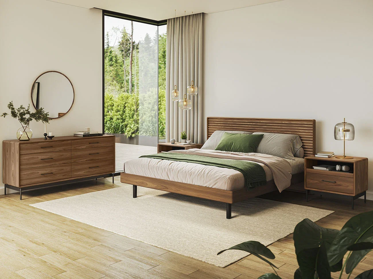 Modern bedroom with wooden furniture, a bed with green and beige bedding, a dresser, and a nightstand, with large windows showing greenery outside.