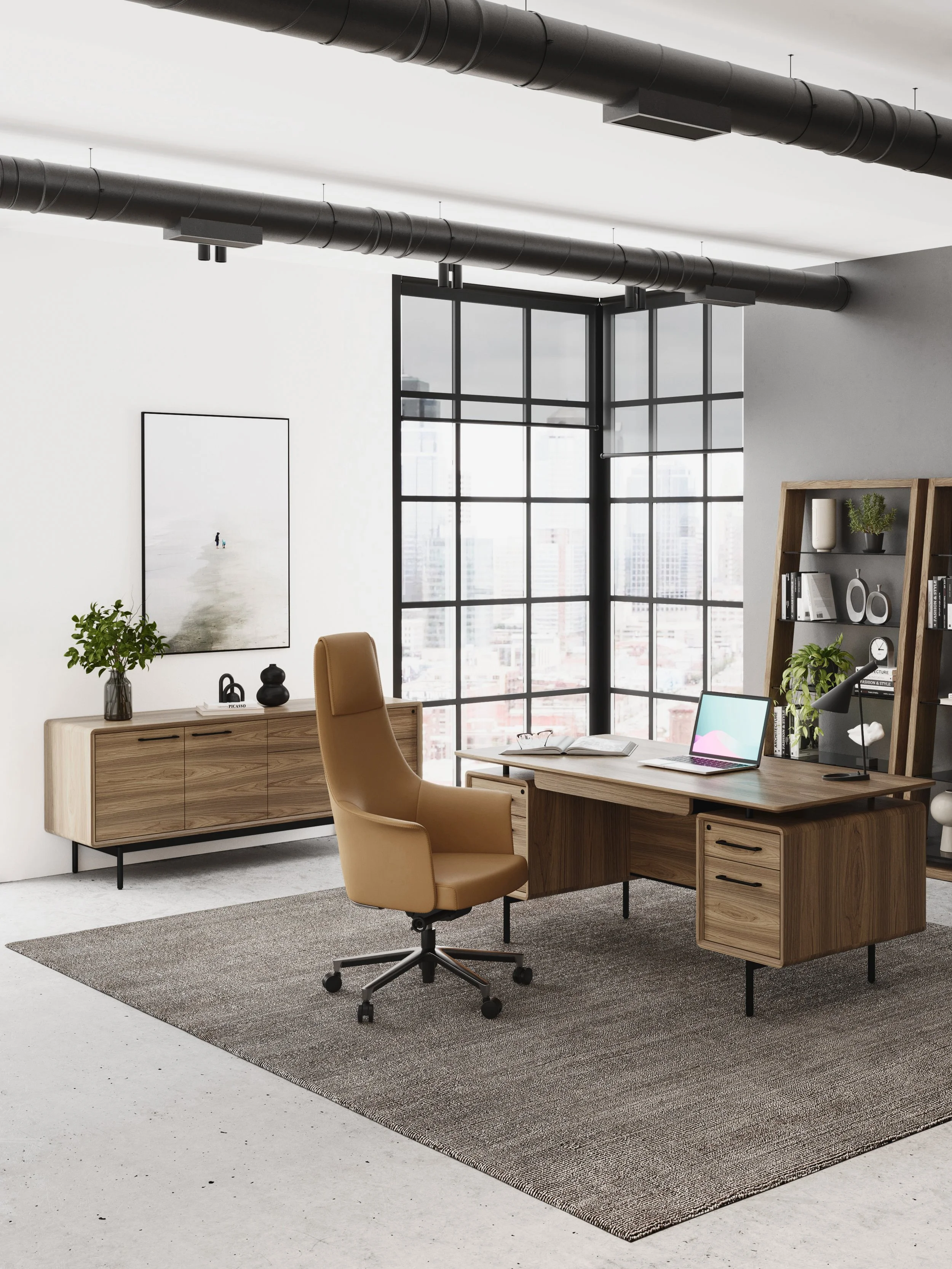 Modern office with wooden desk, beige chair, black metal shelving, large grid window, and cityscape view.