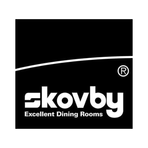 Skovby logo with slogan 'Excellent Dining Rooms' in white on black background.