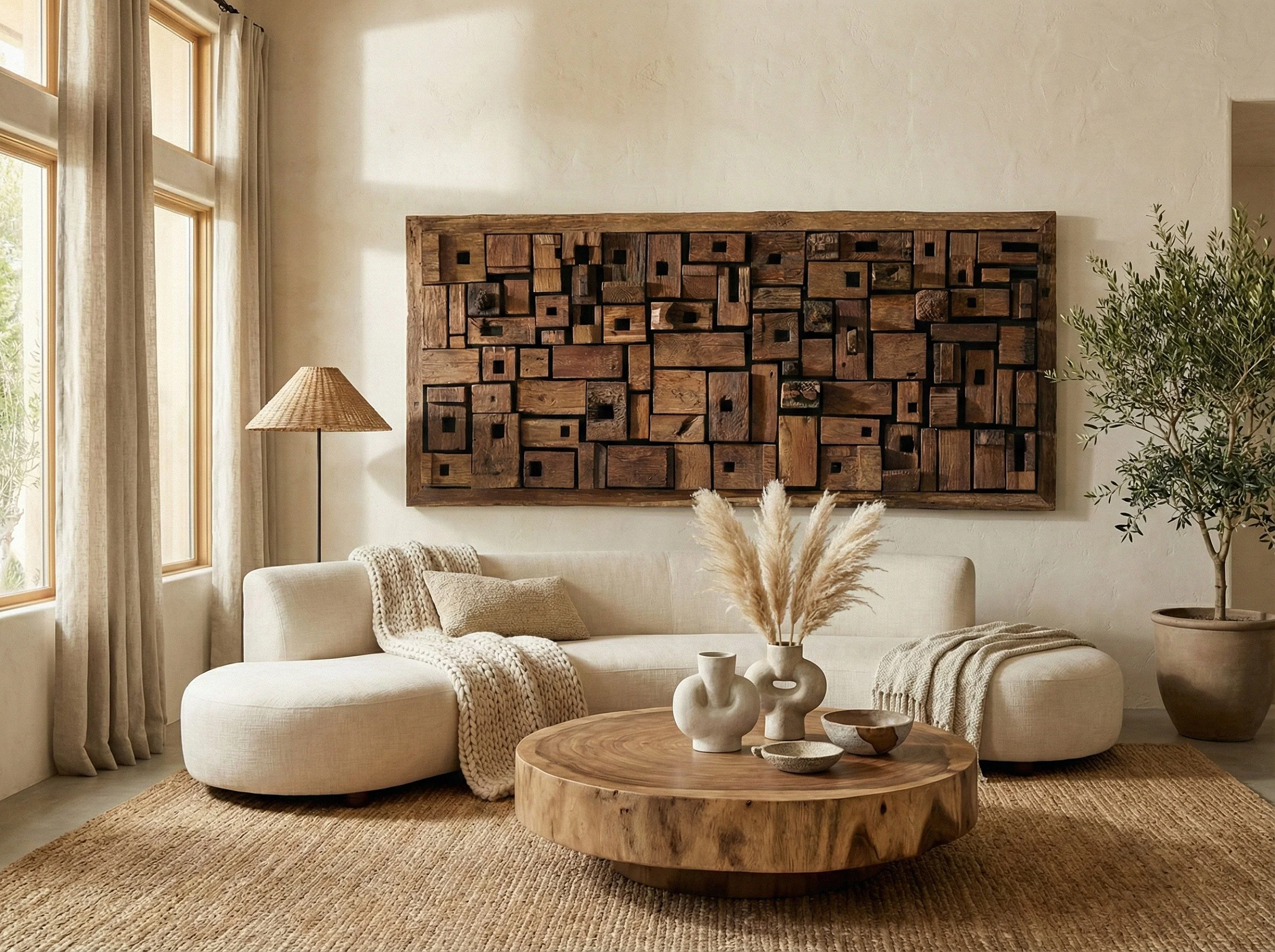 Living room with white sofa, wooden coffee table, beige rug, wall art, floor lamp, large windows with beige curtains, and potted plant.