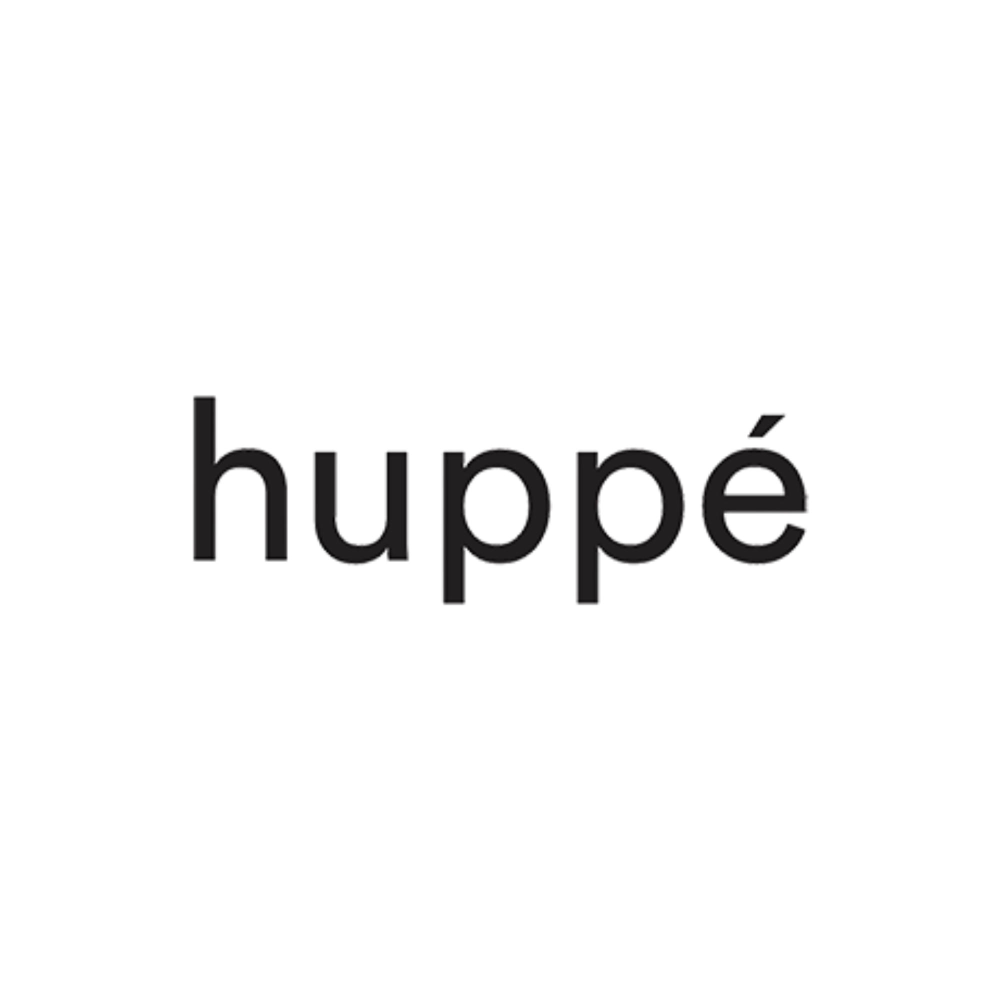 Black background with a partial white logo and the word 'huppe' in lowercase black letters.