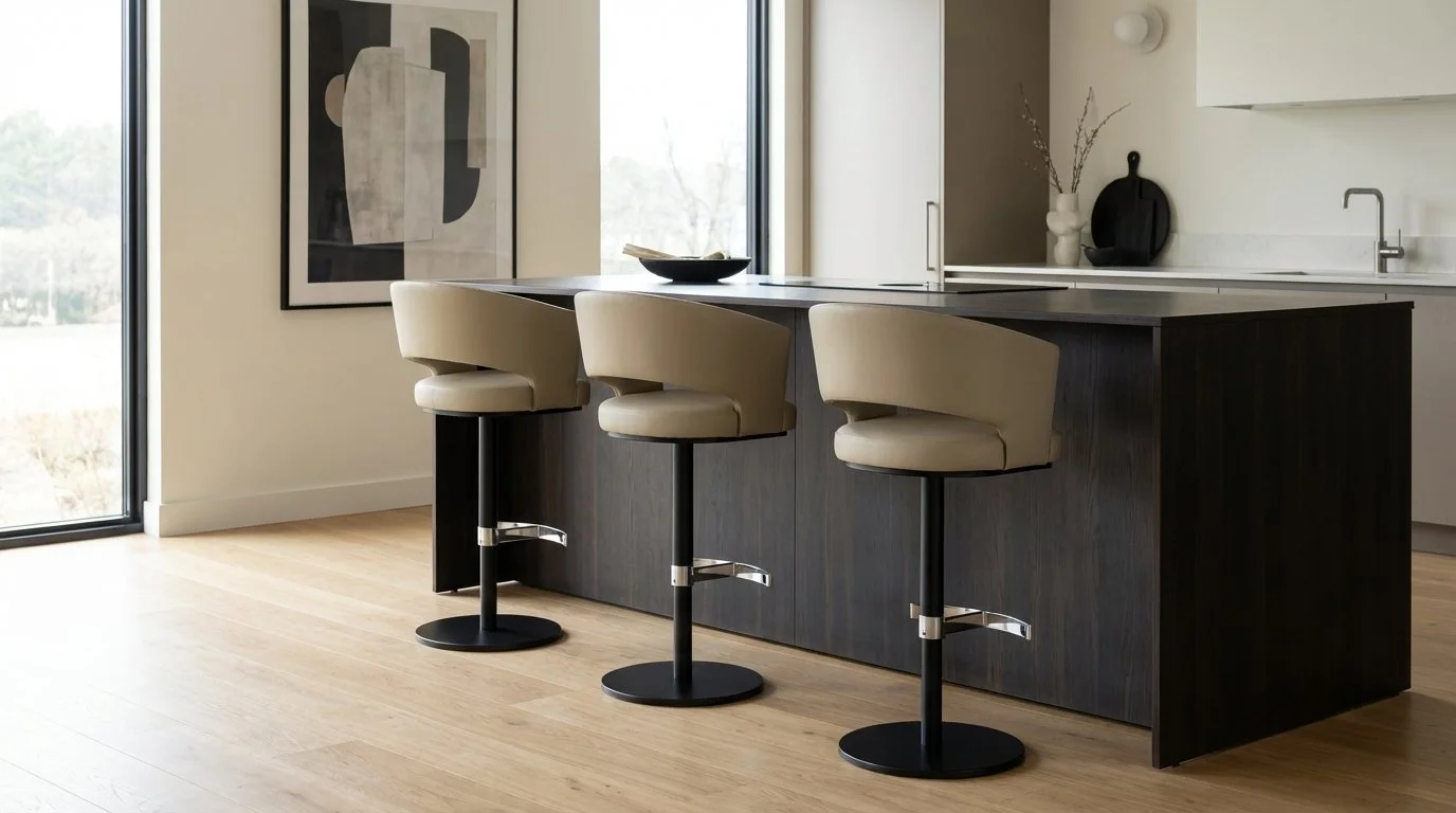 Modern kitchen with three beige bar stools at a dark wood island, large window, and abstract wall art.