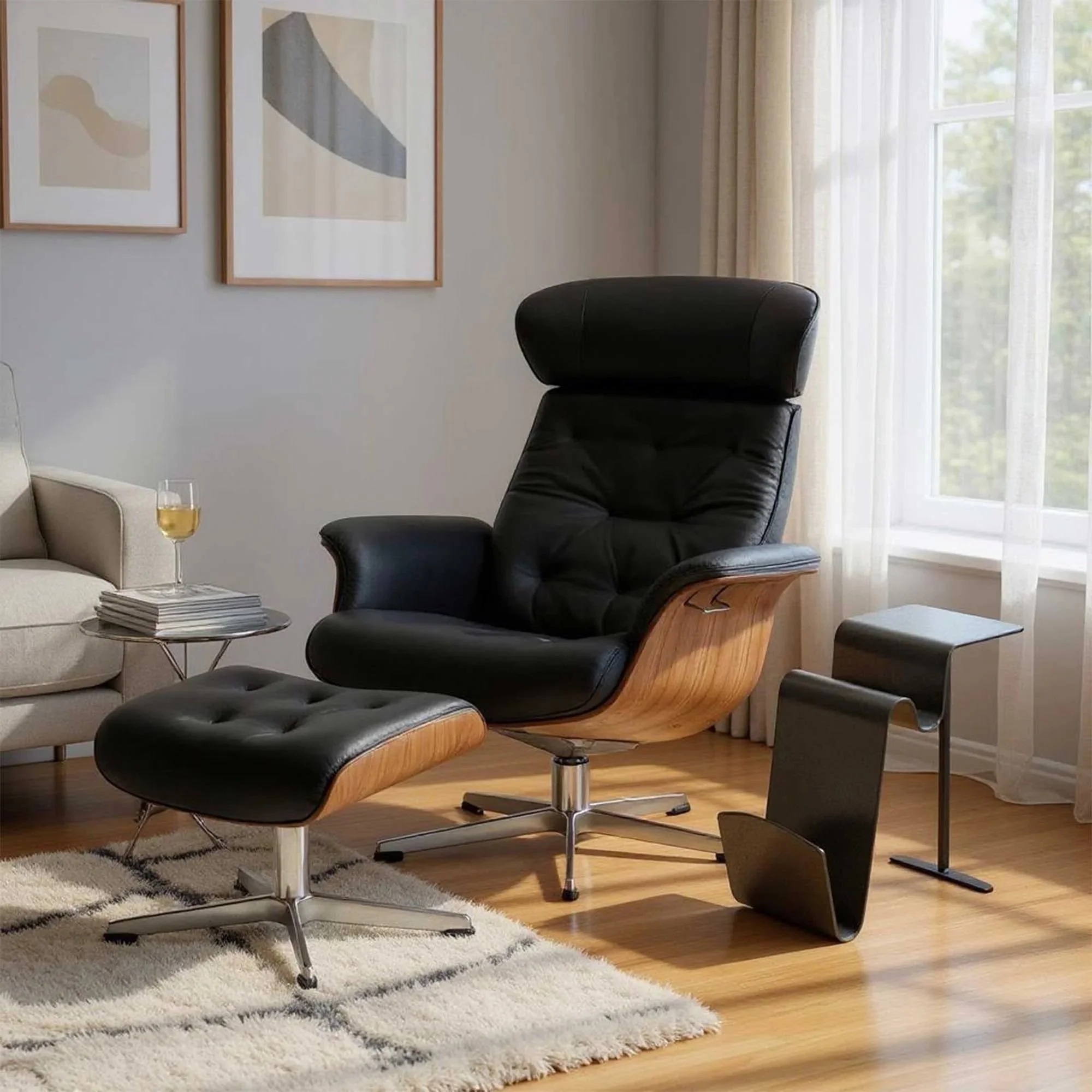Living room with black leather lounge chair, wooden chair, beige sofa, glass of white wine on table, abstract art on wall, window with sheer curtains, and a white fluffy rug on wooden floor.