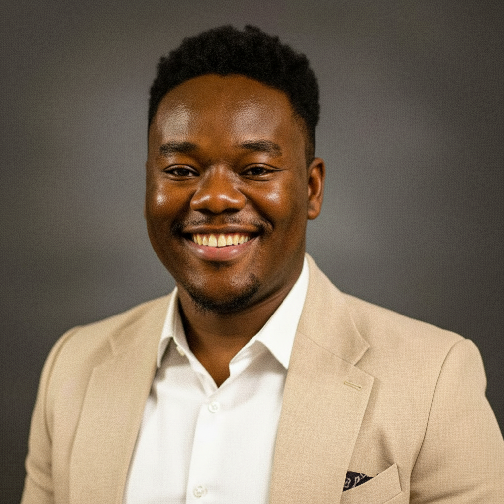 A portrait of a smiling man in a beige suit and white shirt against a neutral gray background.