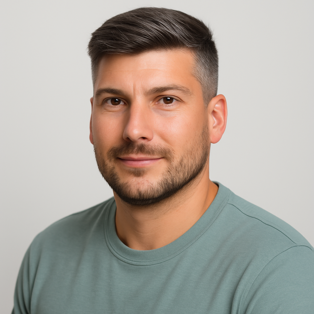 A picture of a man with brown hair wearing a V neck
