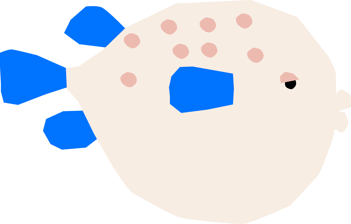 Eine einfache, Illustration eines Fisches mit blauer Flosse und mehreren rosa Punkten auf dem Körper.