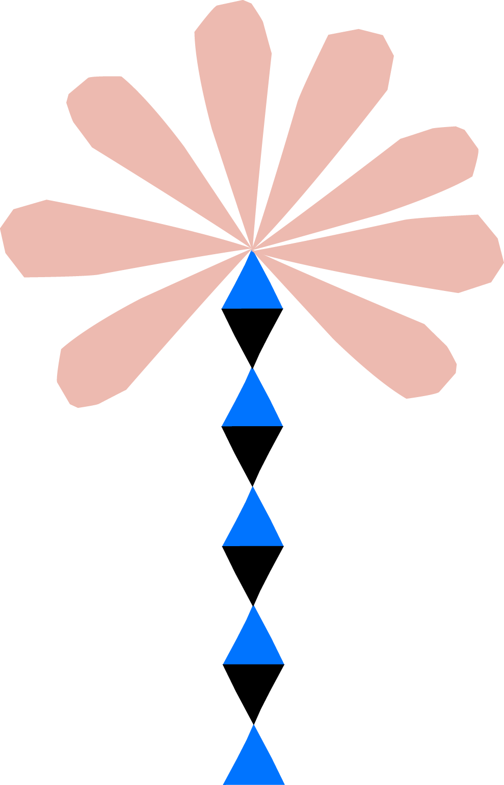 Illustrierte Palme mit blauen und schwarzen Dreiecken, einem pinken Blütenmuster im Hintergrund.