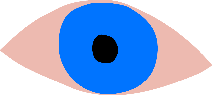 Zeichnung eines Auges mit einer blauen Pupille, einem schwarzen Zellkörper und einem rosa Augapfel