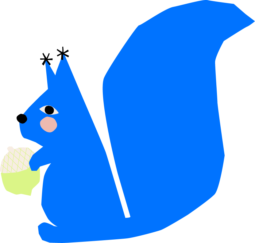 Ein blaues Eichhörnchen mit einem großen Schwanz, das eine Nuss hält.