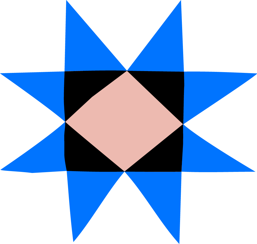Ein geometrisches Muster mit blauen und schwarzen Dreiecken sowie einem cremefarbenen Quadrat in der Mitte.